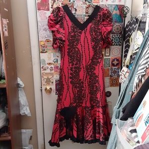 VTG Hilo Hattie 8 M Hawaiian Made Ruffled Bow Maxi MuuMuu Dance Dress Red Floral